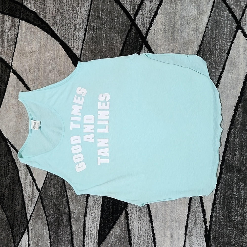 VS PINK 2015 CAMPUS-FIT HIGH-SIDE-SLIT GOOD TIMES & TAN LINES TEAL TANK-…